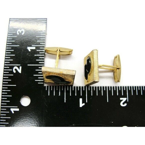 Cufflinks Gold Tone Black Stones  Tux Shirt Dress Suit Vintage - Picture 5 of 9
